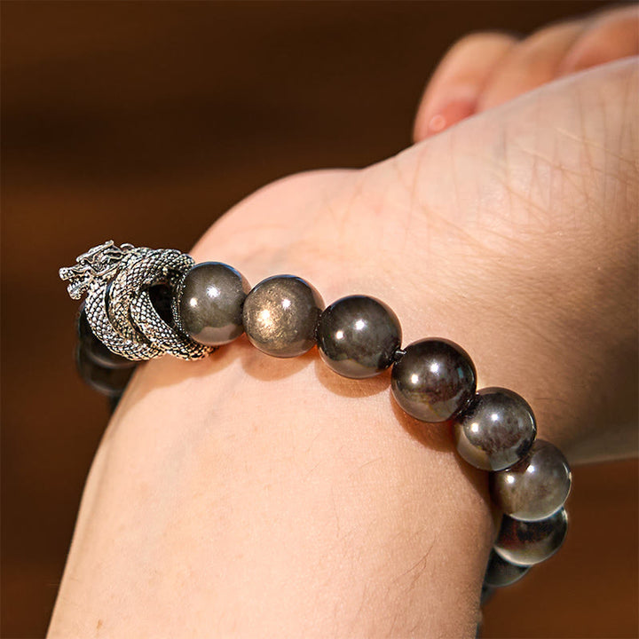 Buddha Stones Silver Sheen Obsidian Dragon Protection Bracelet - image 6