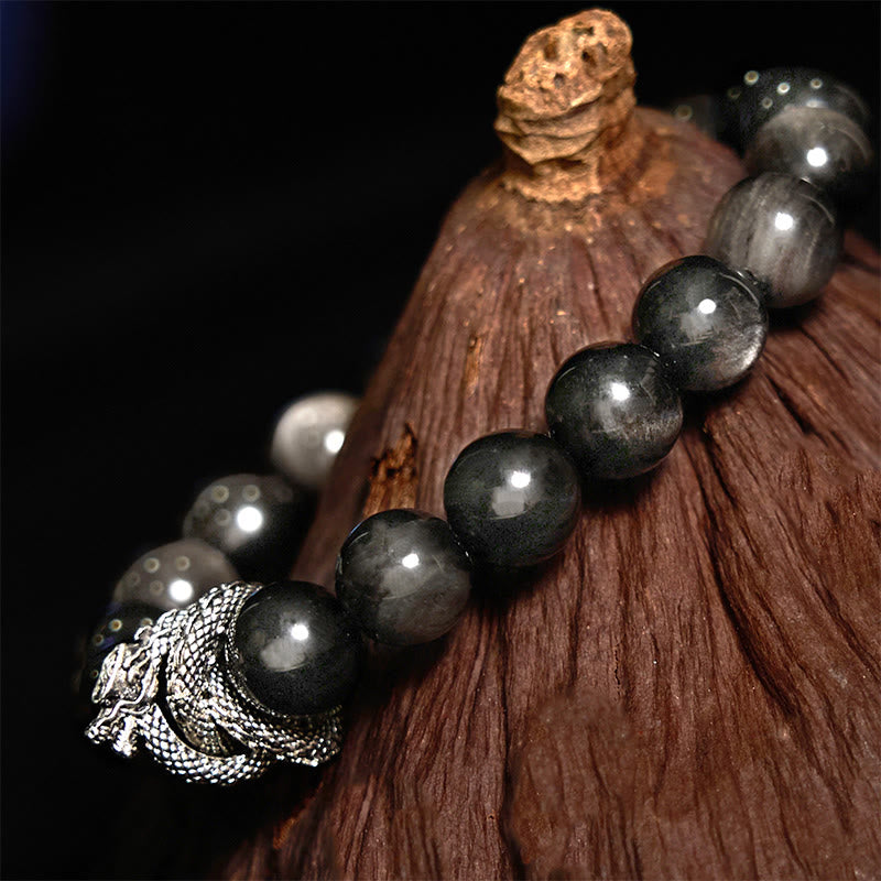 Buddha Stones Silver Sheen Obsidian Dragon Protection Bracelet - image 3