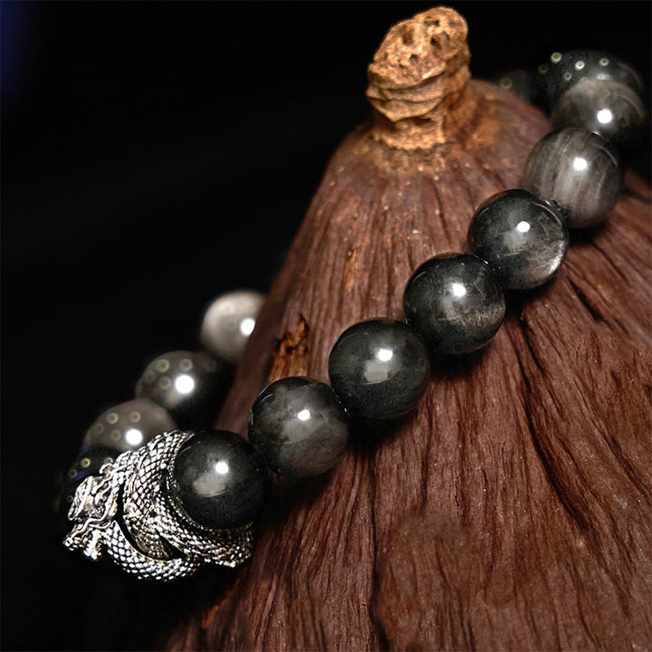 Buddha Stones Silver Sheen Obsidian Dragon Protection Bracelet - image 3