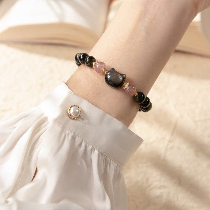 Buddha Stones Black Obsidian Strawberry Quartz Beads Silver Sheen Obsidian Cat Head Strength  Bracelet - image 3