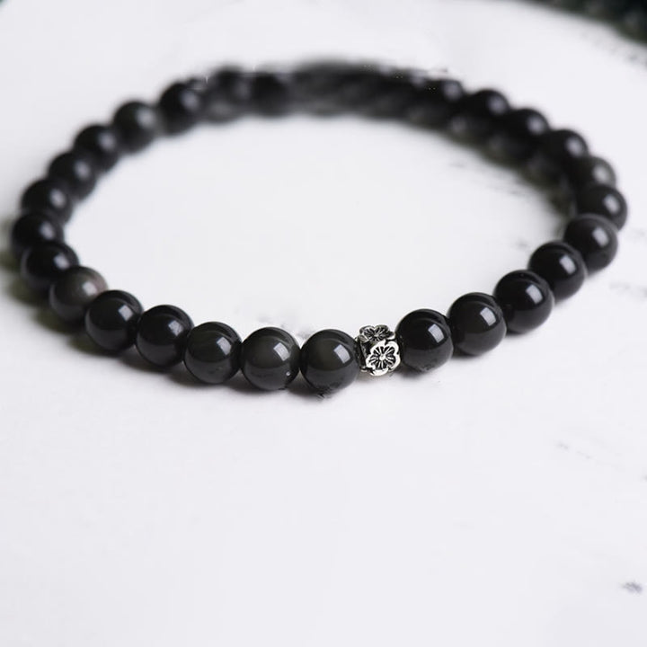 Buddha Stones Black Obsidian Bead 925 Sterling Silver Flower Design Purification Bracelet - image 7