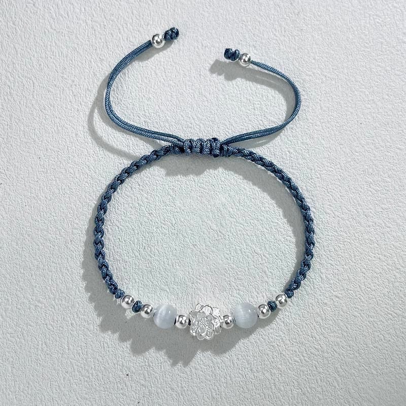 Buddha Stones 999 Sterling Silver Lotus Design Cat's Eye Bead Protection String Bracelet - Lotus Blue(Wrist Circumference 15-18cm) - image 16