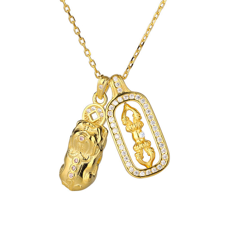 Buddha Stones 999 Sterling Silver Golden Pixiu Copper Coin Vajra Wealth Necklace Pendant - image 10