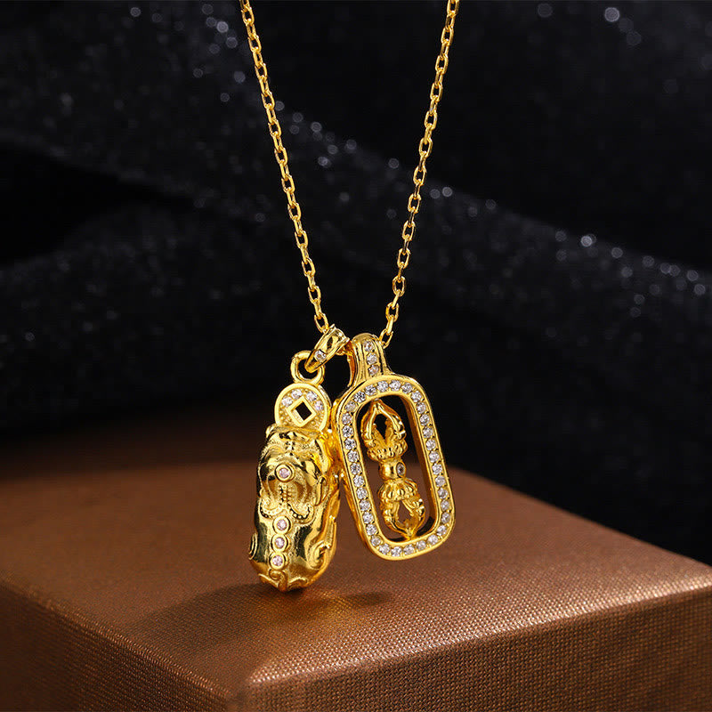 Buddha Stones 999 Sterling Silver Golden Pixiu Copper Coin Vajra Wealth Necklace Pendant - 999 Sterling Silver Golden PiXiu Vajra - image 0