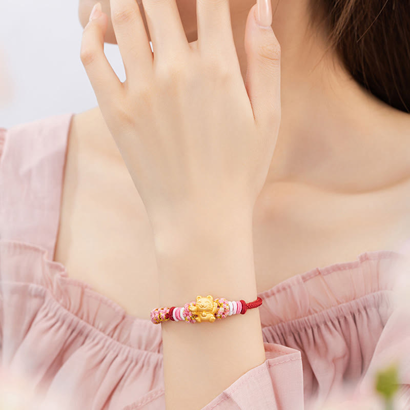 Buddha Stones Handmade 999 Sterling Silver Fortune Cat Ingot Peach Blossom Luck Red Rope Bracelet - image 9