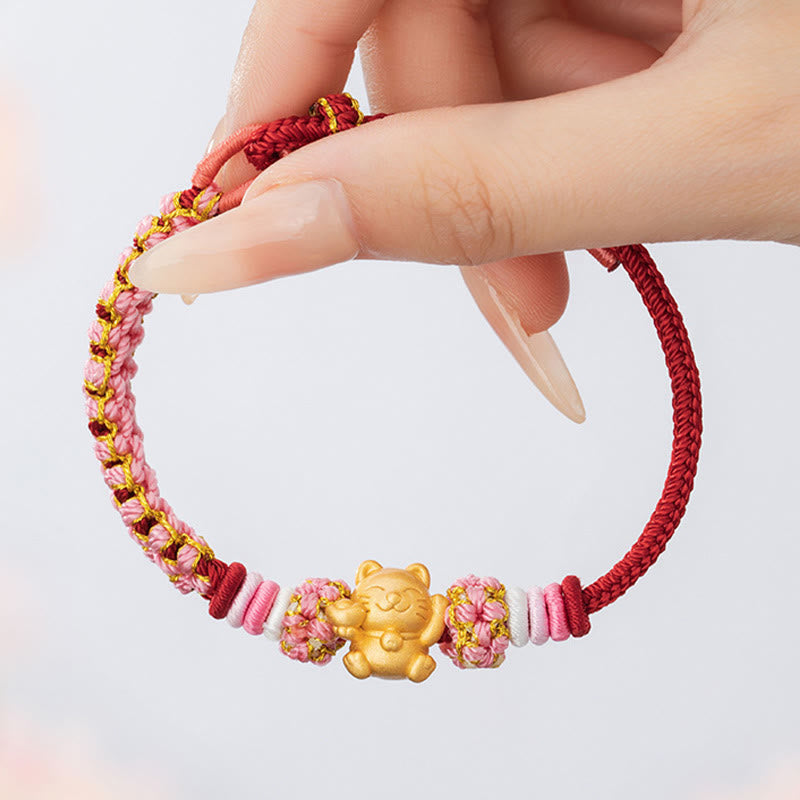 Buddha Stones Handmade 999 Sterling Silver Fortune Cat Ingot Peach Blossom Luck Red Rope Bracelet - image 10