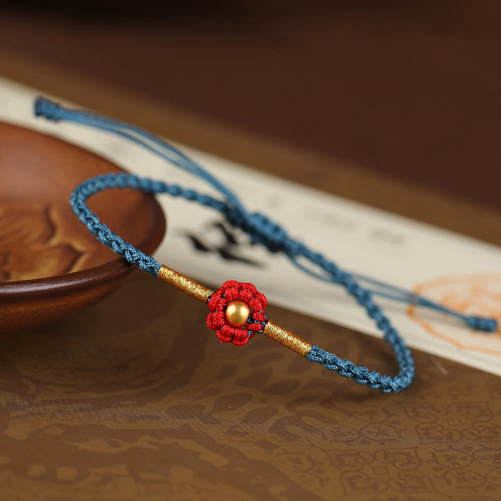 Buddha Stones 999 Gold Mini Bead Handmade Flower Design Luck Protection Rope Bracelet - 4mm Bead Light Blue(Wrist Circumference 14-18cm) - image 9