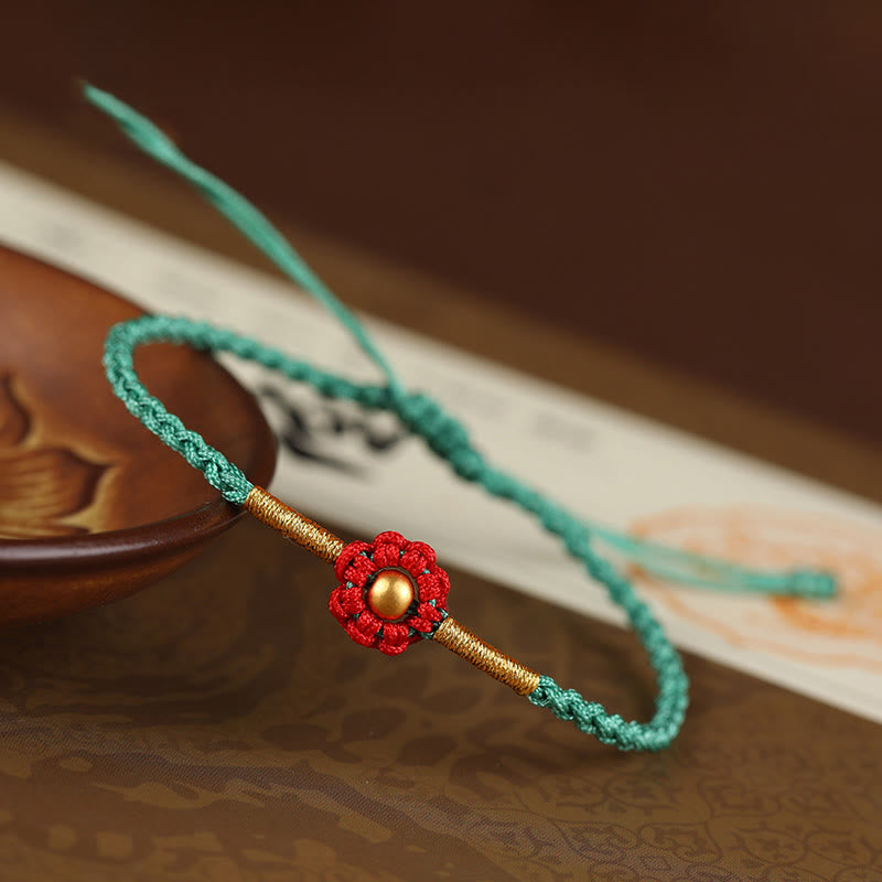 Buddha Stones 999 Gold Mini Bead Handmade Flower Design Luck Protection Rope Bracelet - 4mm Bead Green(Wrist Circumference 14-18cm) - image 12