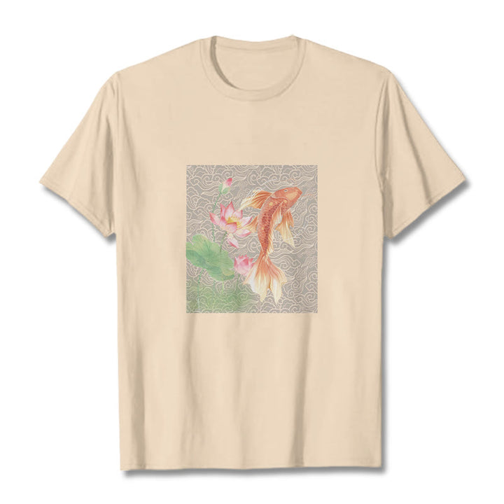 Buddha Stones Koi Fish Lotus Combination Cotton Tee T-shirt - Bisque - 2XL - image 12