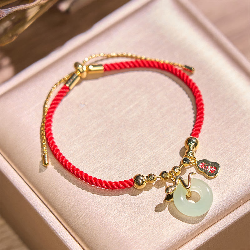 Buddha Stones Copper Plated Gold Jade Peace Buckle Fu Character Year Of The Snake Red String Luck Bracelet - image 3