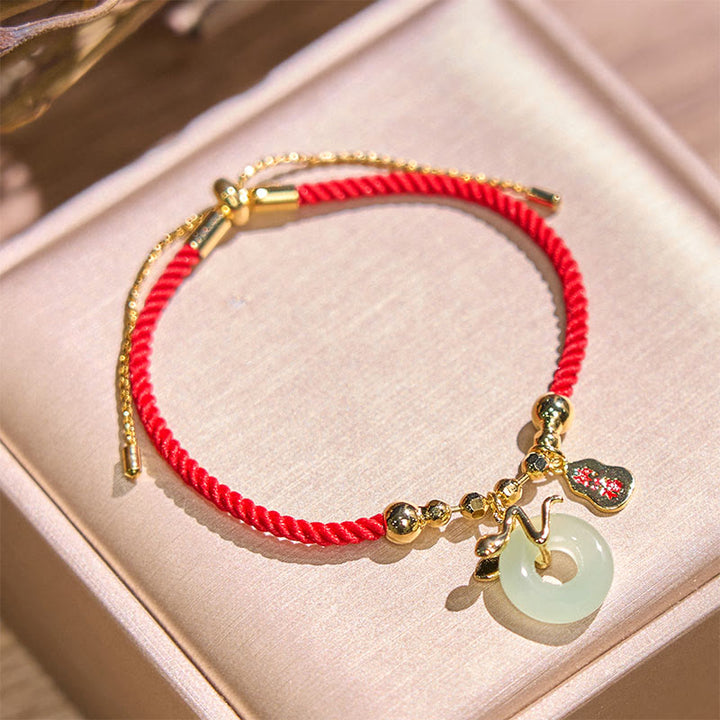 Buddha Stones Copper Plated Gold Jade Peace Buckle Fu Character Year Of The Snake Red String Luck Bracelet - image 3