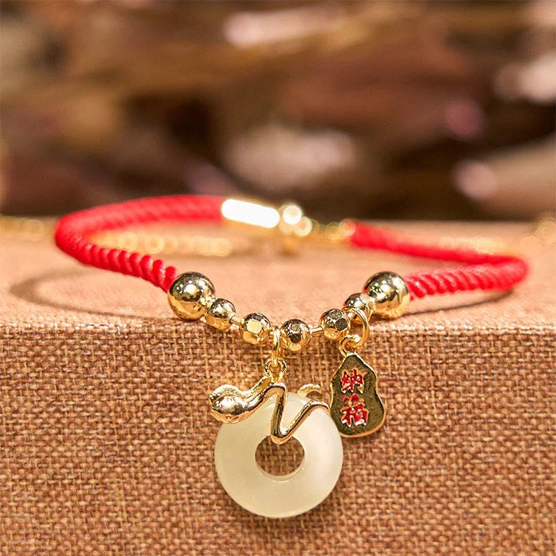 Buddha Stones Copper Plated Gold Jade Peace Buckle Fu Character Year Of The Snake Red String Luck Bracelet - image 12