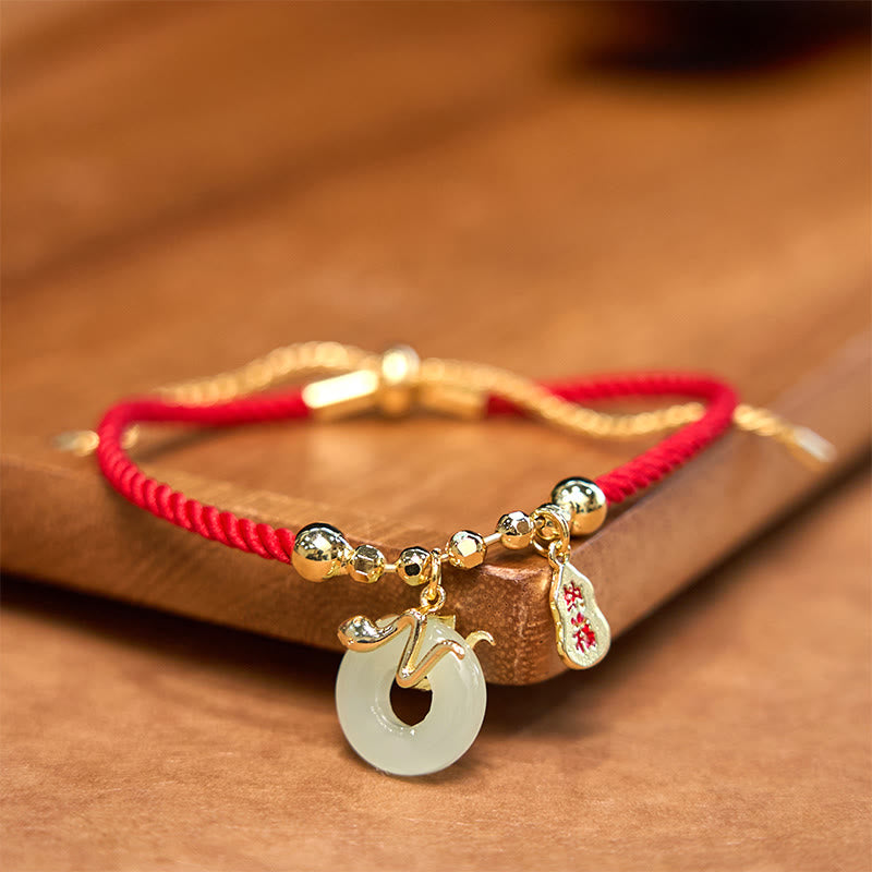 Buddha Stones Copper Plated Gold Jade Peace Buckle Fu Character Year Of The Snake Red String Luck Bracelet - image 2
