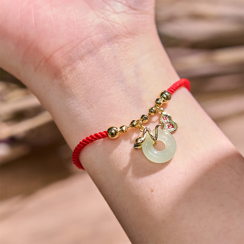 Buddha Stones Copper Plated Gold Jade Peace Buckle Fu Character Year Of The Snake Red String Luck Bracelet - image 5