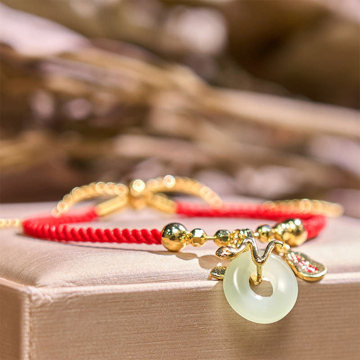 Buddha Stones Copper Plated Gold Jade Peace Buckle Fu Character Year Of The Snake Red String Luck Bracelet - image 13