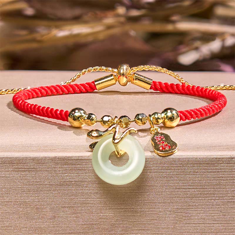 Buddha Stones Copper Plated Gold Jade Peace Buckle Fu Character Year Of The Snake Red String Luck Bracelet - image 1