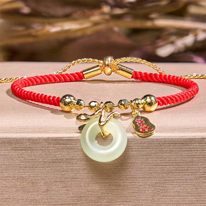 Buddha Stones Copper Plated Gold Jade Peace Buckle Fu Character Year Of The Snake Red String Luck Bracelet - image 1