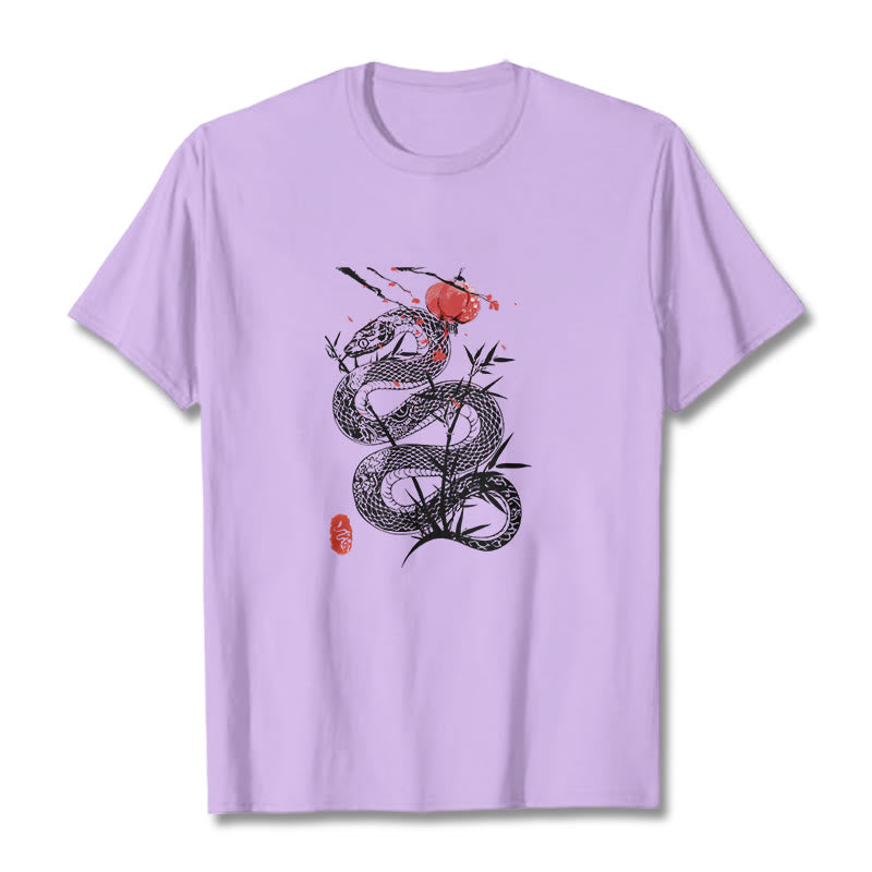 Buddha Stones Lantern Bamboo Leaves Snake Design Cotton Tee T-shirt - Plum - 2XL - image 16