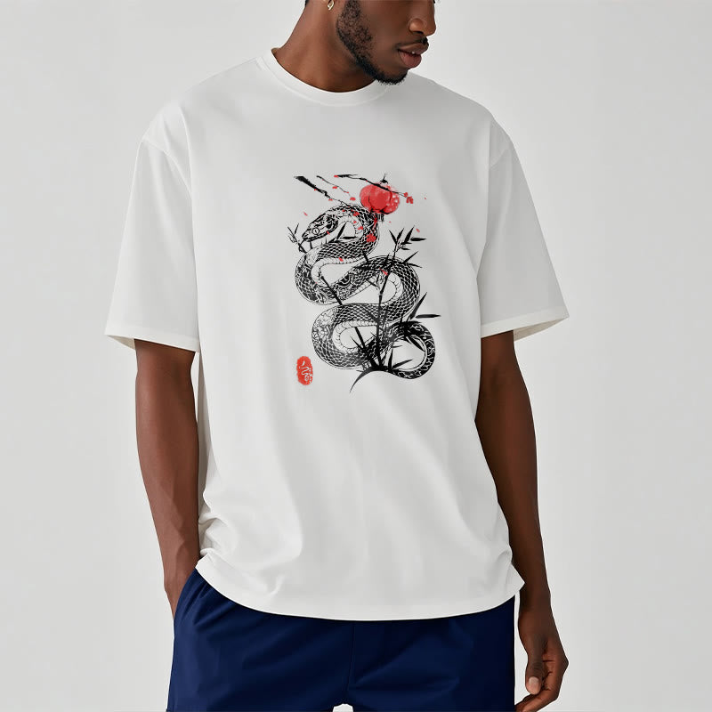 Buddha Stones Lantern Bamboo Leaves Snake Design Cotton Tee T-shirt - White - 2XL - image 7