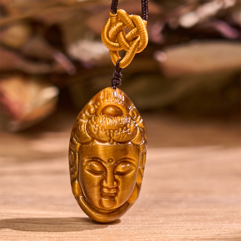 Buddha Stones Tiger Eye Kwan Yin Avalokitesvara Head String Strength Necklace Pendant - image 5
