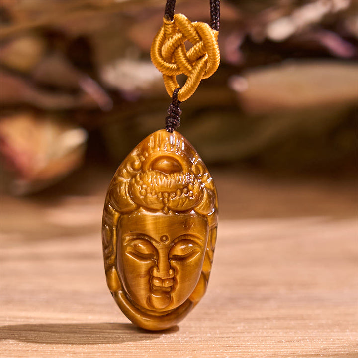 Buddha Stones Tiger Eye Kwan Yin Avalokitesvara Head String Strength Necklace Pendant - image 5