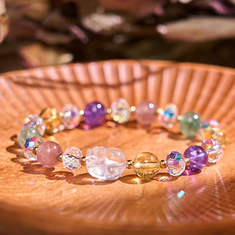 Buddha Stones PiXiu White Crystal Citrine Green Strawberry Quartz Amethyst Luck Bracelet - image 1