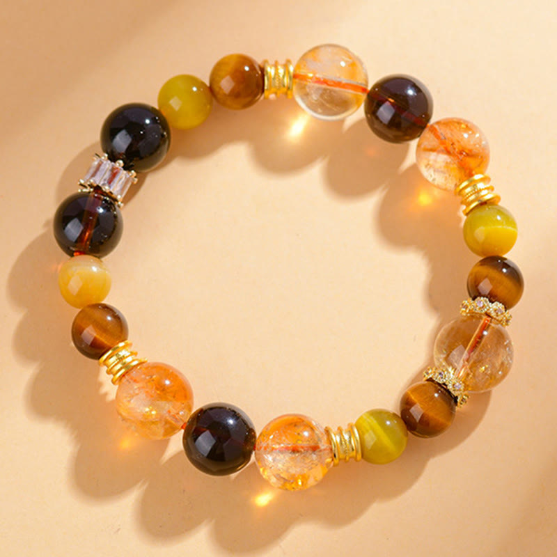 Buddha Stones Natural Citrine Smoky Quartz Tiger Eye Duobao Crystal Prosperity Bracelet - Citrine Smoky Quartz Tiger Eye(Wrist Circumference: 15-16cm) - image 0