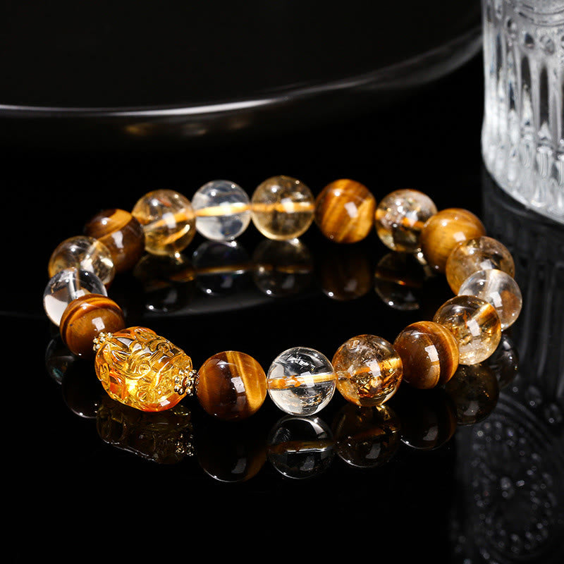Buddha Stones Natural Yellow Tiger Eye Citrine Beeswax Pixiu Strength Bracelet - Tiger Eye Citrine(Wrist Circumference: 17-18cm) - image 0