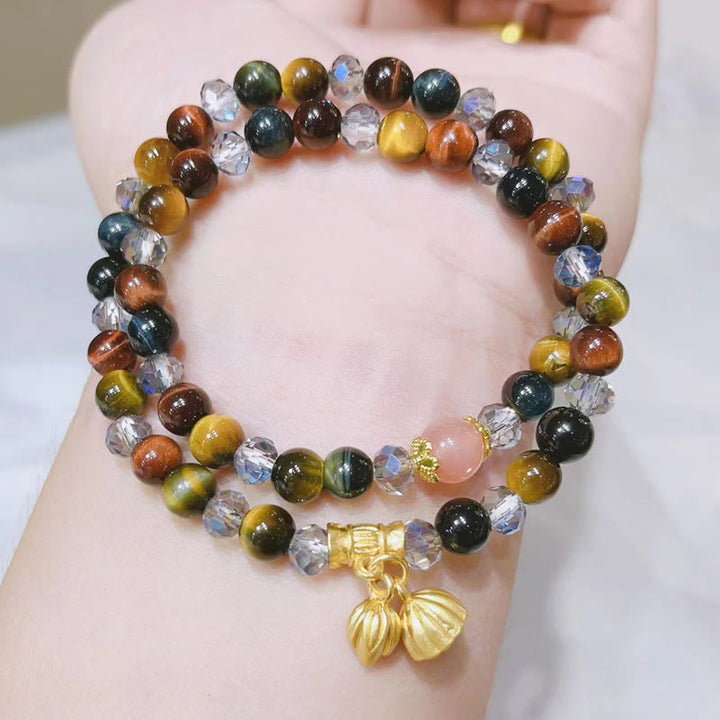 Buddha Stones Colorful Tiger Eye Lotus Multi-circle Elastic Rope Protection Bracelet - image 3