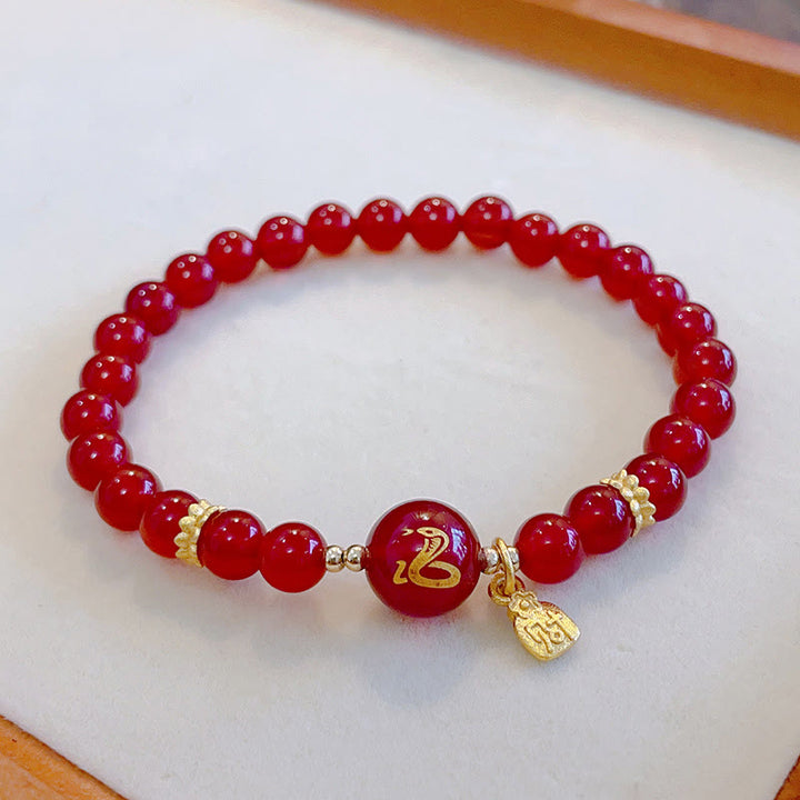 Buddha Stones Red Agate Gold Plated Copper Year Of The Snake Happiness Bracelet - image 7