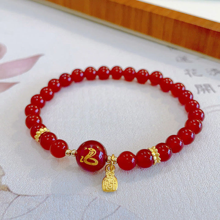 Buddha Stones Red Agate Gold Plated Copper Year Of The Snake Happiness Bracelet - image 4