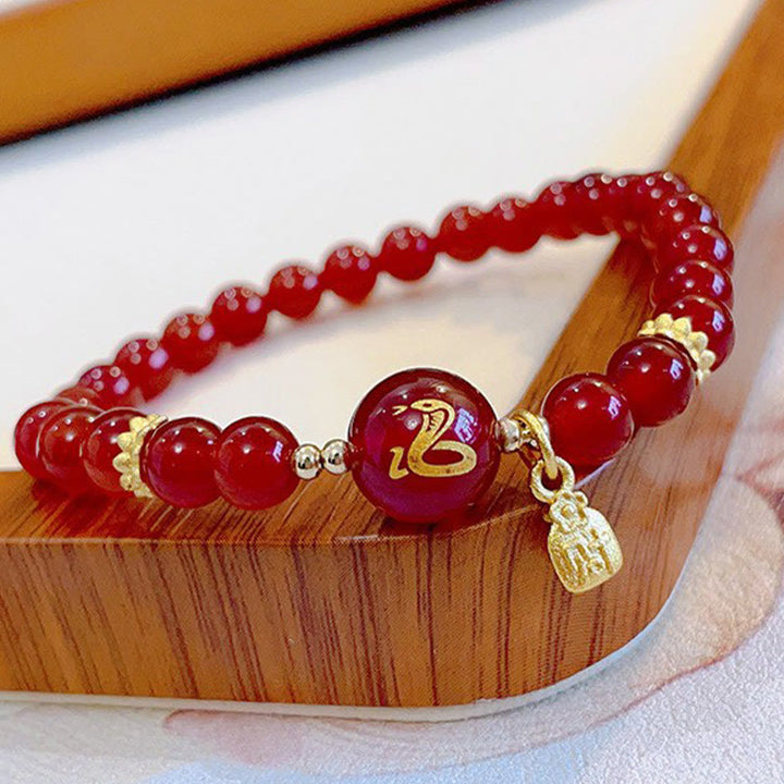 Buddha Stones Red Agate Gold Plated Copper Year Of The Snake Happiness Bracelet - image 9