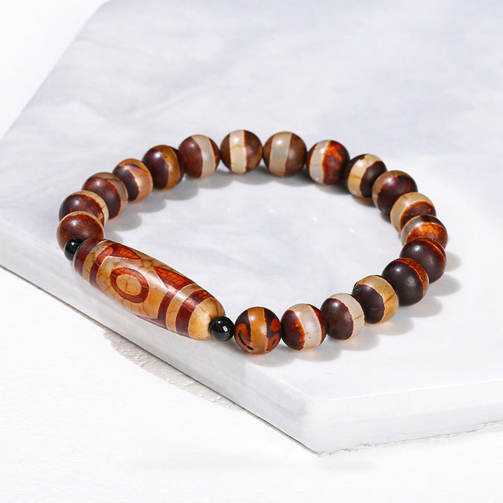 Buddha Stones Tibetan Nine-eye Dzi Bead Natural Sandalwood White Cat's Eye Agate Power Protection Bracelet - Brown One line Agate(Wrist Circumference: 16-18cm) - image 21