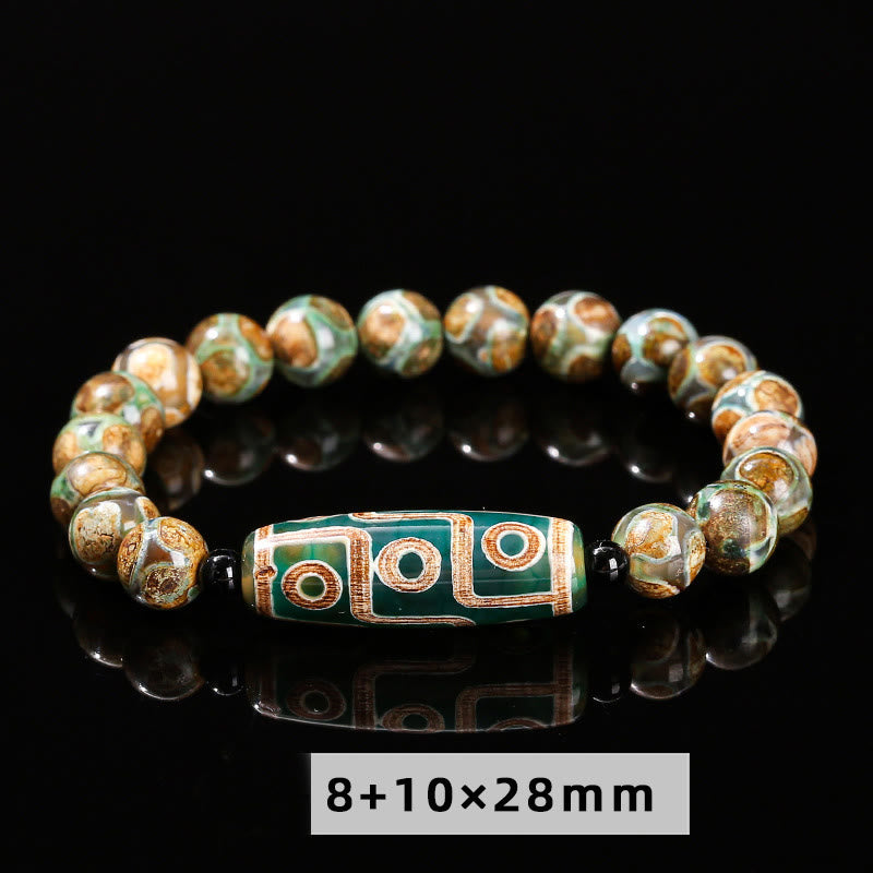 Buddha Stones Tibetan Nine-eye Dzi Bead Natural Sandalwood White Cat's Eye Agate Power Protection Bracelet - Green Dzi Bead (Wrist Circumference: 16-18cm) - image 0