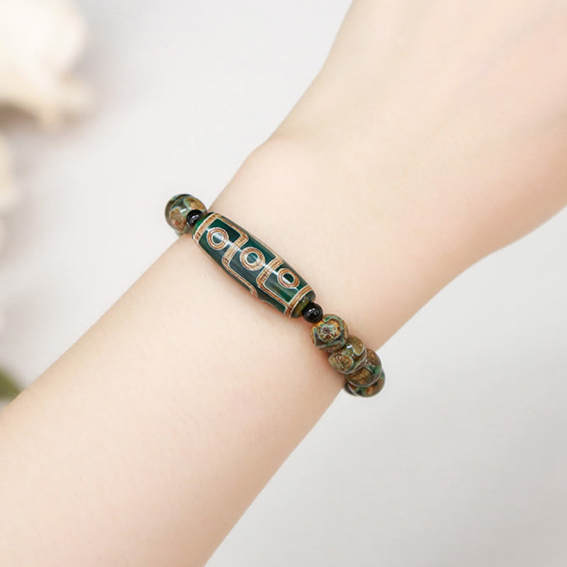 Buddha Stones Tibetan Nine-eye Dzi Bead Natural Sandalwood White Cat's Eye Agate Power Protection Bracelet - image 4