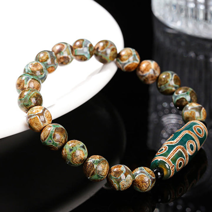 Buddha Stones Tibetan Nine-eye Dzi Bead Natural Sandalwood White Cat's Eye Agate Power Protection Bracelet - image 3
