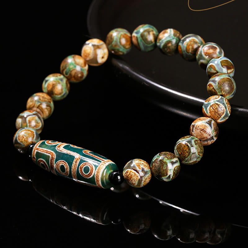 Buddha Stones Tibetan Nine-eye Dzi Bead Natural Sandalwood White Cat's Eye Agate Power Protection Bracelet - image 2