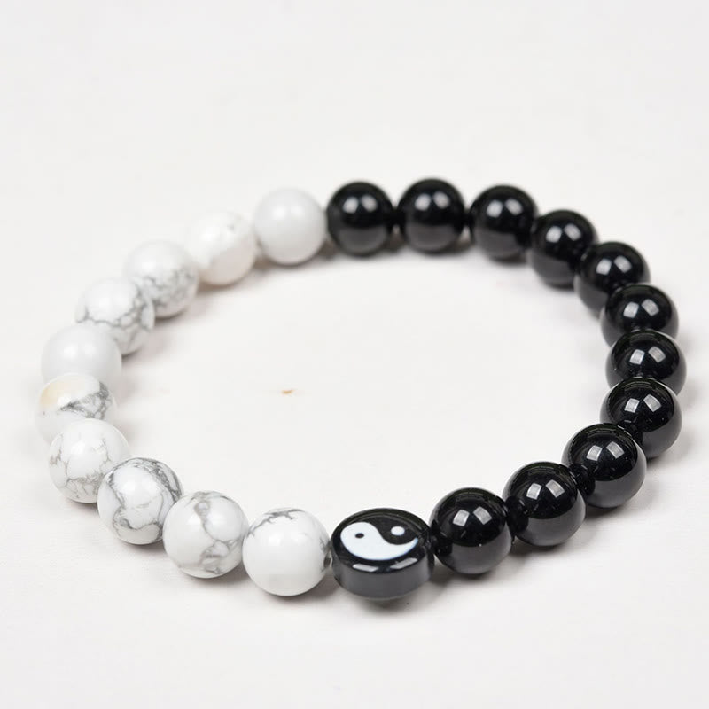 Buddha Stones Natural Obsidian White Turquoise Yinyang Tai Chi Strength Bracelet - image 5
