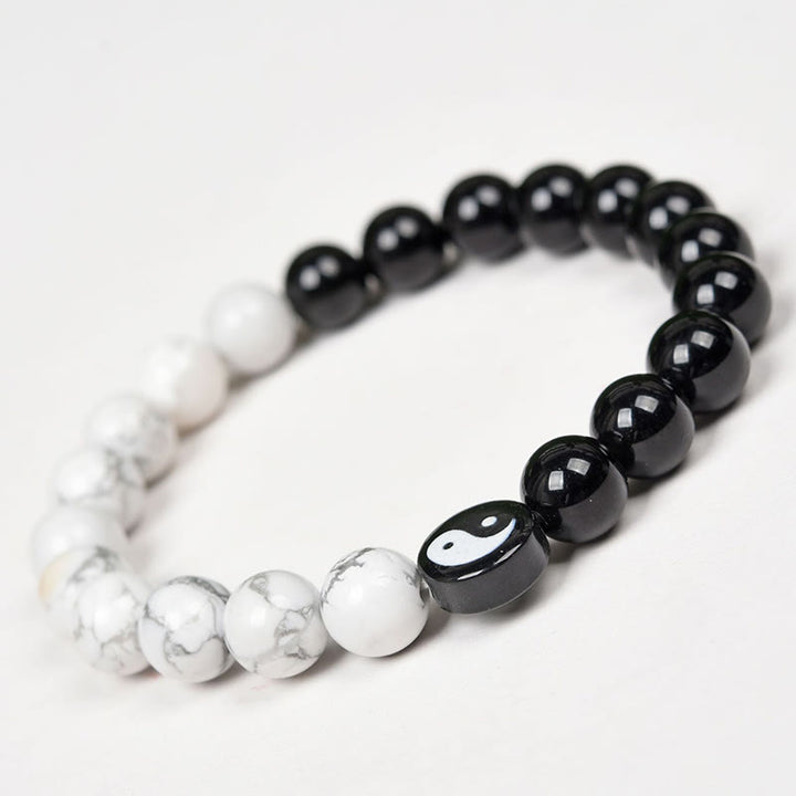 Buddha Stones Natural Obsidian White Turquoise Yinyang Tai Chi Strength Bracelet - image 4