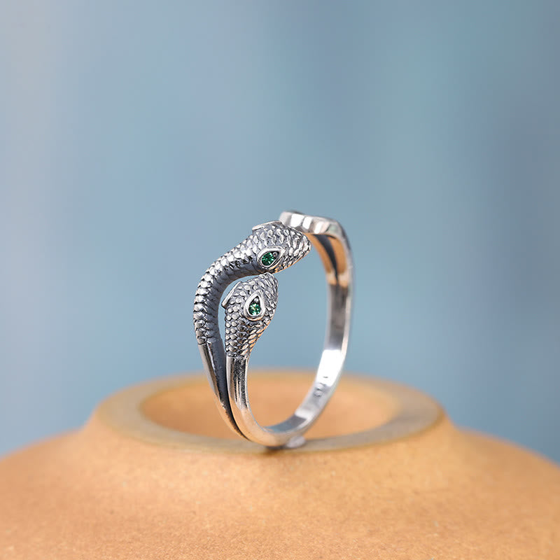 Buddha Stones 925 Sterling Silver Year Of The Snake Two-headed Snake Adjustable Open Ring - 925 Sterling Silver Snake(Adjustable) - image 0