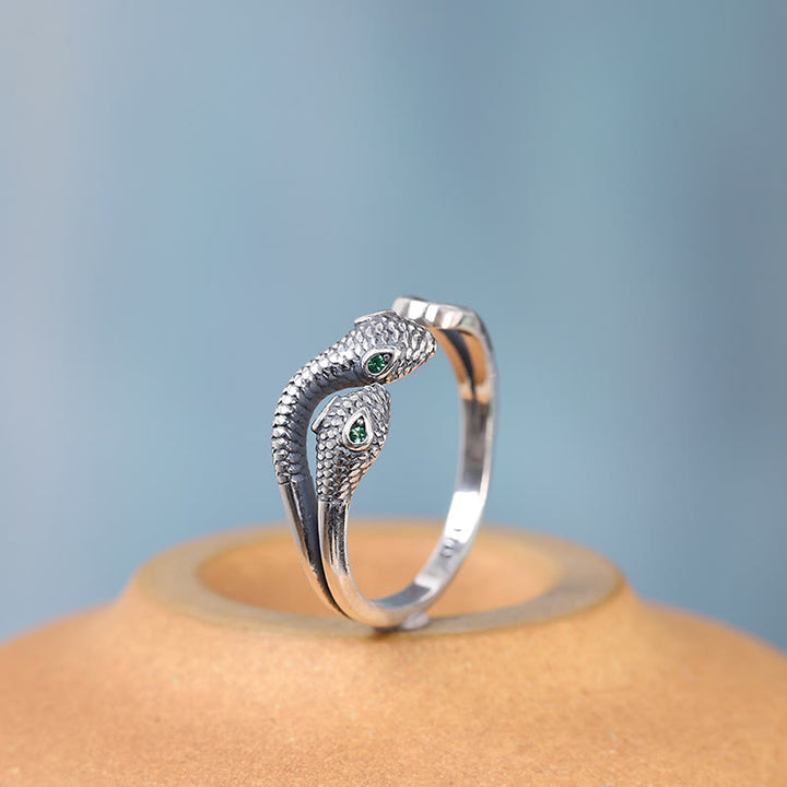 Buddha Stones 925 Sterling Silver Year Of The Snake Two-headed Snake Adjustable Open Ring - 925 Sterling Silver Snake(Adjustable) - image 0