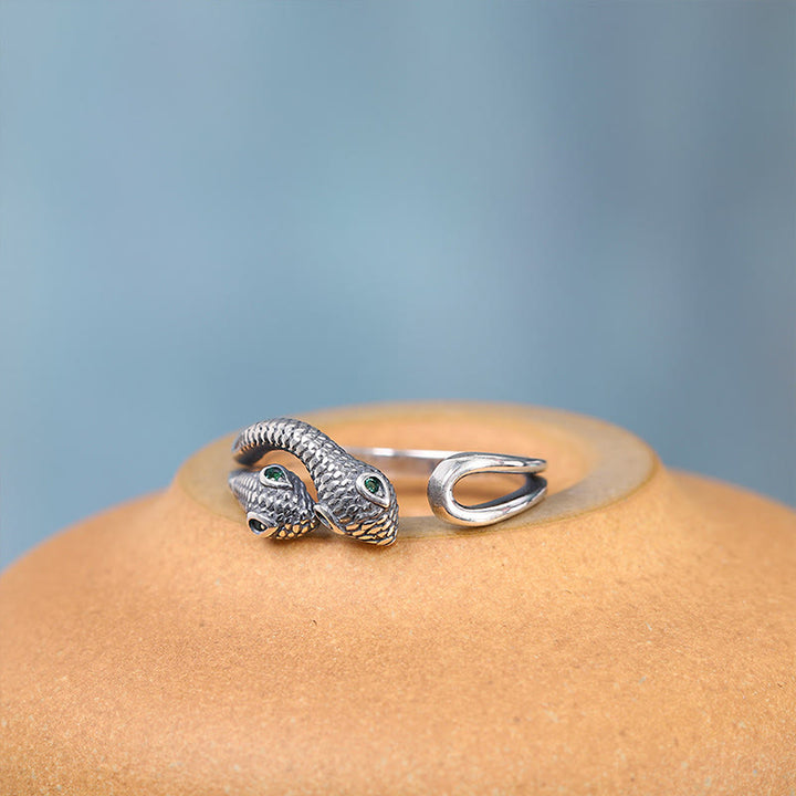 Buddha Stones 925 Sterling Silver Year Of The Snake Two-headed Snake Adjustable Open Ring - image 1
