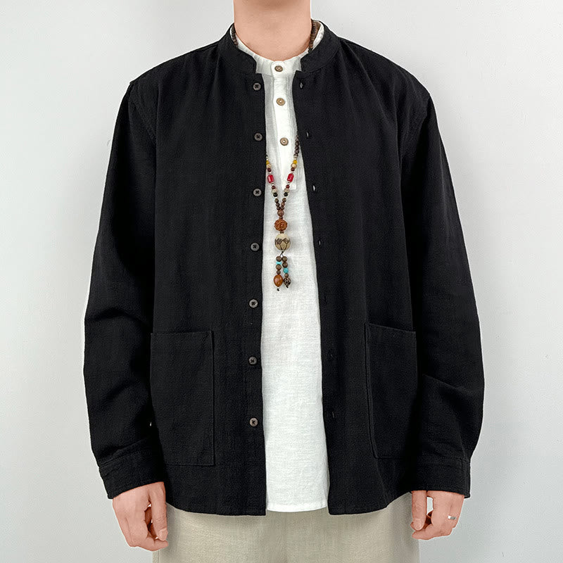 Buddha Stones Casual Solid Color Ramie Linen Cotton Men's Shirt With Pockets - Black - US/UK/AU42，EU52 (3XL) - image 4