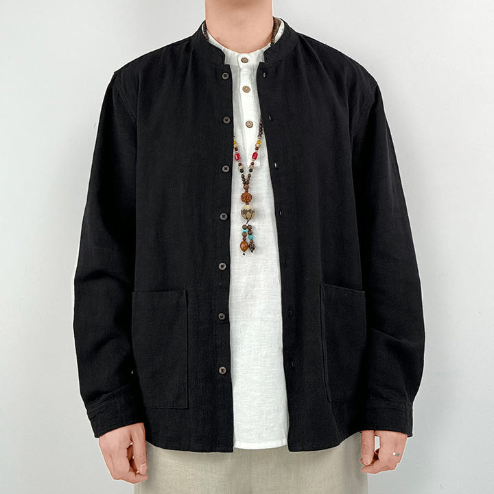 Buddha Stones Casual Solid Color Ramie Linen Cotton Men's Shirt With Pockets - Black - US/UK/AU42，EU52 (3XL) - image 4