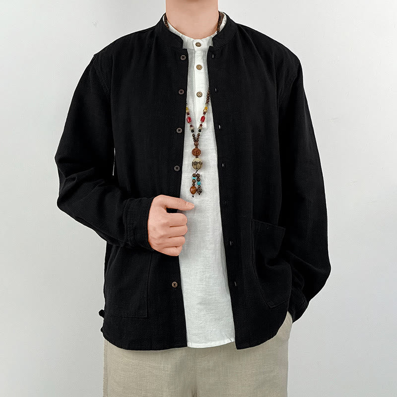 Buddha Stones Casual Solid Color Ramie Linen Cotton Men's Shirt With Pockets - image 6