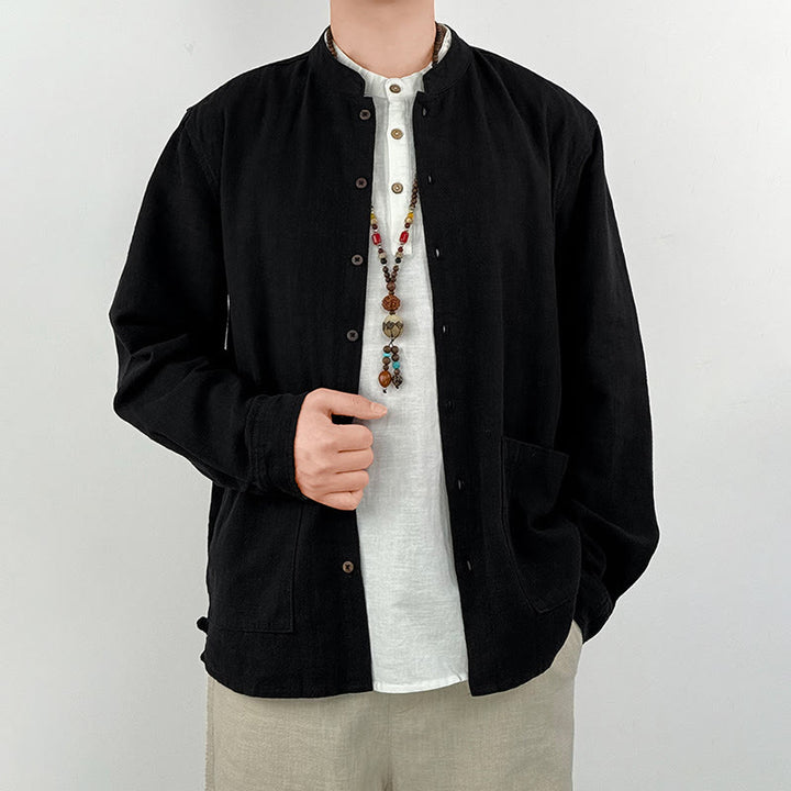 Buddha Stones Casual Solid Color Ramie Linen Cotton Men's Shirt With Pockets - image 6