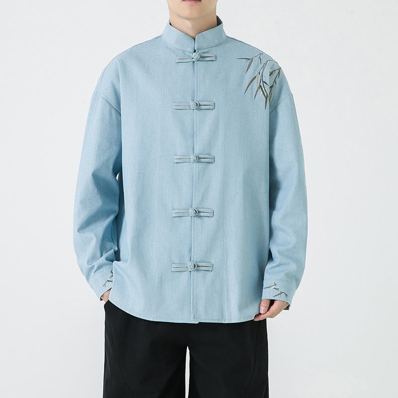 Buddha Stones Bamboo Leaves Design Frog-button Tang Suit Cotton Men's Jacket Shirt - LightSkyBlue - US/UK/AU46，EU56 (5XL) - image 13