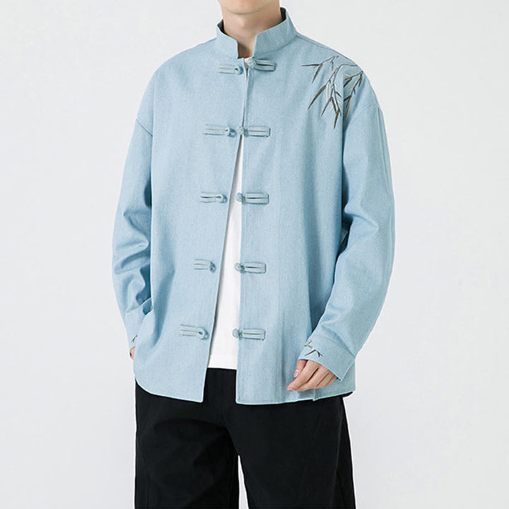 Buddha Stones Bamboo Leaves Design Frog-button Tang Suit Cotton Men's Jacket Shirt - image 19