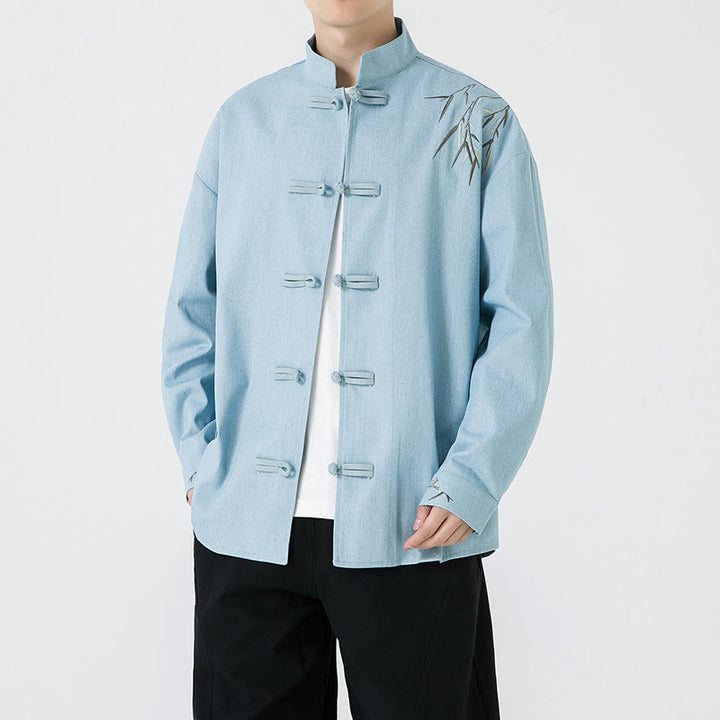 Buddha Stones Bamboo Leaves Design Frog-button Tang Suit Cotton Men's Jacket Shirt - image 18