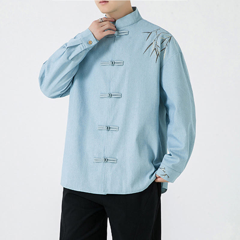 Buddha Stones Bamboo Leaves Design Frog-button Tang Suit Cotton Men's Jacket Shirt - image 14